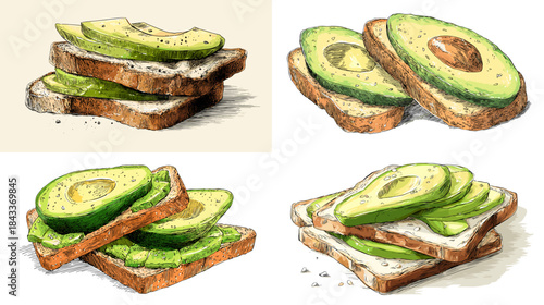 Hand drawn illustration of avocado toast with fresh slices on crispy bread, showing a natural food concept with soft shading and realistic texture.