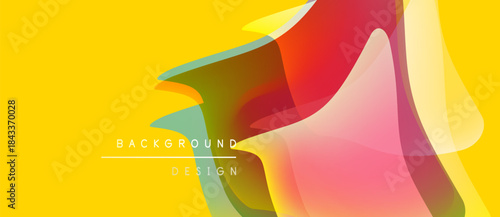 Vibrant abstract background. Overlapping colorful shapes create dynamic visual effect. Yellow dominates, with red, green, pink accents. Modern design.
