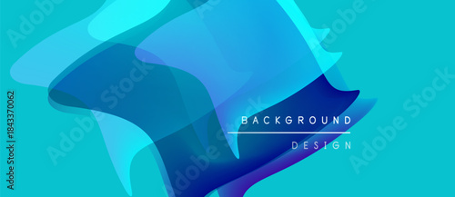 Abstract fluid shapes, vibrant blue hues, turquoise backdrop. Modern design elements create dynamic visual impact. Simple text overlay present.