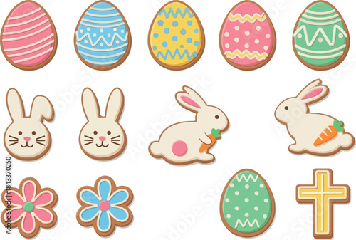 Easter Cookies Festive Baked Treats with Eggs, Bunnies, Flowers, and a Cross