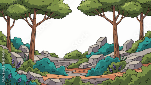 Mediterranean forest with mixed shrubs, pine trees, rocky ground, warm light, and dry climate vegetation forming a sunlit southern woodland landscape, empty white isolated sky for banner
