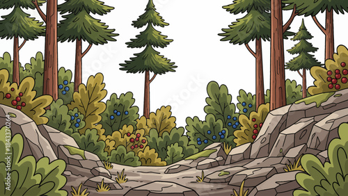 Mediterranean forest with mixed shrubs, pine trees, rocky ground, warm light, and dry climate vegetation forming a sunlit southern woodland landscape, empty white isolated sky for banner