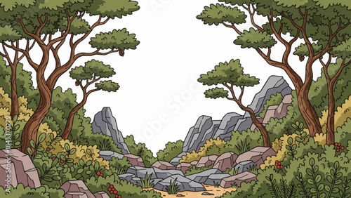Mediterranean forest with mixed shrubs, pine trees, rocky ground, warm light, and dry climate vegetation forming a sunlit southern woodland landscape, empty white isolated sky for banner