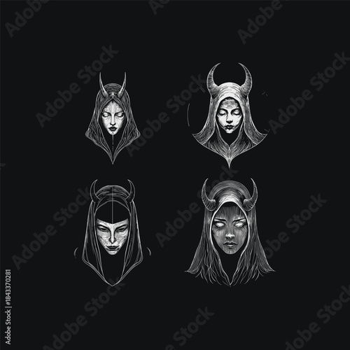vintage engraving style illustrations showing female faces or portraits with demonic horns, cloaked hoods