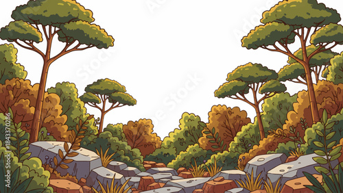 Mediterranean forest with mixed shrubs, pine trees, rocky ground, warm light, and dry climate vegetation forming a sunlit southern woodland landscape, empty white isolated sky for banner
