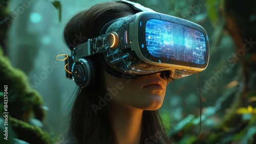 Woman immersed in virtual reality headset exploring digital forest environment.