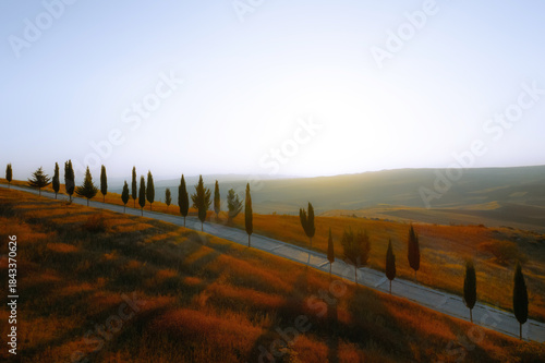 A winding road lined with cypress trees crossing autumn hills in Dedoplistskaro, Kakheti region, Georgia