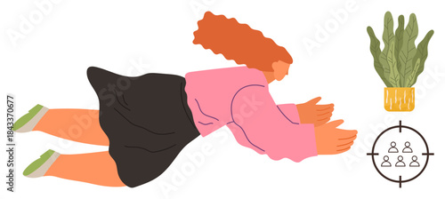 Woman floating forward, embracing progress with arms extended, adjacent to a potted plant and target. Ideal for growth, ambition, focus, teamwork, personal development leadership and balance. A