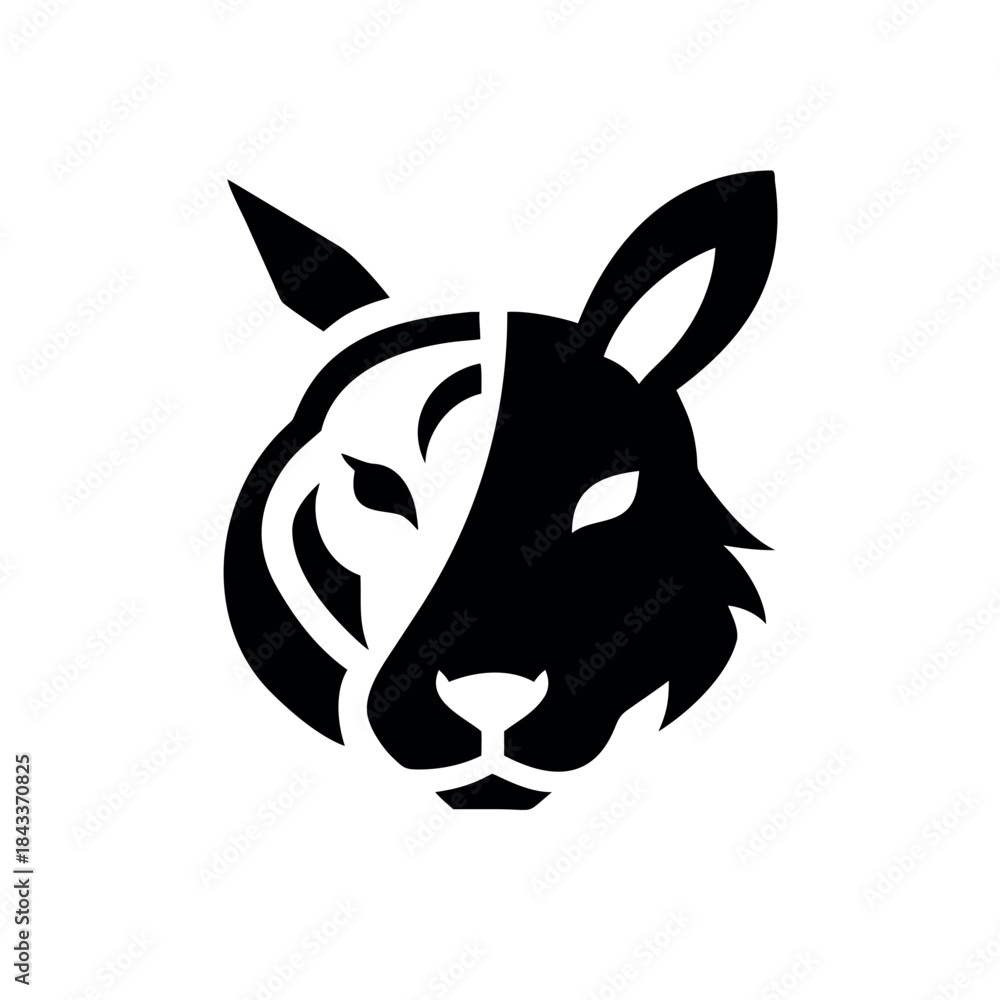 Fototapeta premium Stylized Tiger Face Blended with Rabbit Face in Modern Animal Concept Art Vector illustration