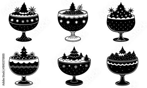 Six Black Christmas Bowls with Snowflakes and Trees on White Background