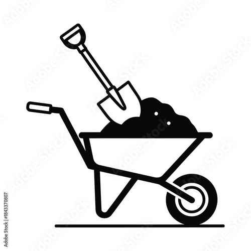 Black silhouette of a wheelbarrow filled with soil and a shovel