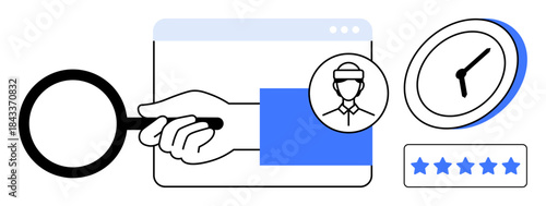 Business evaluation, user authentication, online reviews, efficiency, time management, analytics monitoring. A magnifying glass over a profile, clock stars. Online reviews and efficiency concept