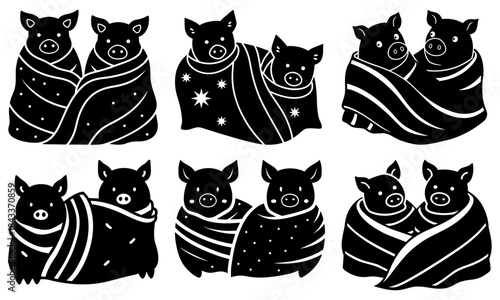 Two Pigs Wrapped in Blankets with Stars and Stripes on White Background animals