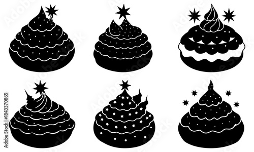 Six Black Cupcakes with Stars and Swirls on White Background