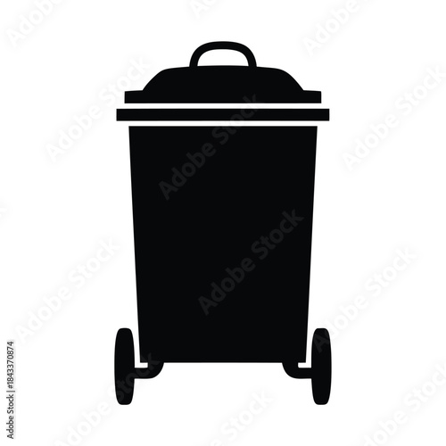Black silhouette of a wheeled trash can on a white background