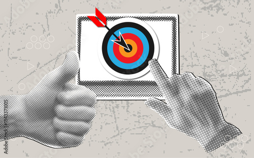 Trendy halftone collage featuring a laptop and an arrow hitting the center of a target circle, symbol of goal achievement,halftone hand pointing target