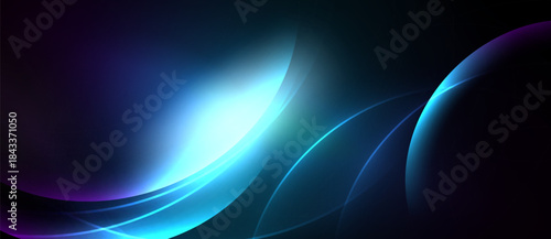 Abstract flowing lines, vibrant blues, purples, bright light source. Smooth gradients create dynamic visual effect. Dark background enhances luminosity.