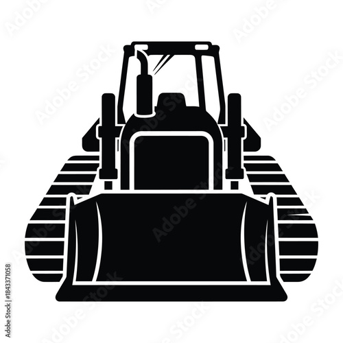 Front view black silhouette of a bulldozer on a white background