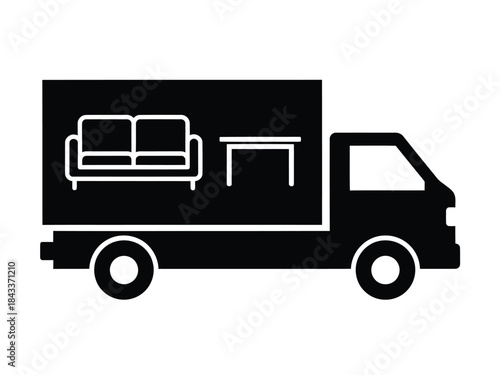 Silhouette of a delivery truck carrying furniture on a white background