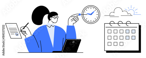 Woman pointing at clock with checklist and laptop, next to calendar and sunny sky. Ideal for time management, productivity, scheduling, planning, goal setting, deadlines focus. Simple flat metaphor