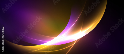 Abstract flowing lines, vibrant colors blend. Purple, gold, white create dynamic energy, smooth gradients. Dark background emphasizes luminosity.