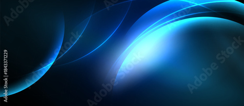 Abstract blue curves, flowing shapes, bright light source. Dark background creates dramatic visual effect. Smooth gradients present.