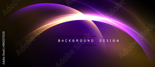 Abstract purple, gold glow. Curved lines create dynamic visual effect. Text reads background design. Dark backdrop enhances luminosity.