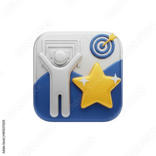 A 3D icon of a successful person icon with a goal icon, symbolizing a winner and a reached milestone, with a star for a milestone achieved.