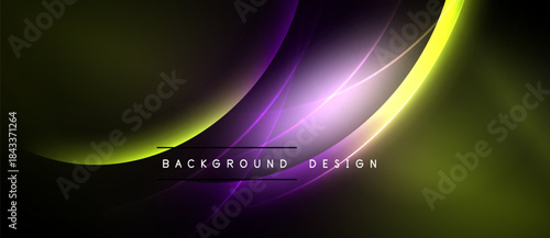 Abstract background features flowing purple, yellow curves. Dark shades dominate design, creating dynamic visual effect. Text reads background design.