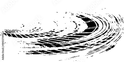 Tire tread marks, wheel textures, tire marks - car racing, motocross, drift, rally, off-road and others. Vector black isolated texture in grunge style with splashes.eps10