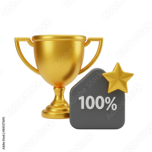 A 3D icon of a winner icon with a milestone icon, representing a victor and a progress marker, with a star for a high percentage.