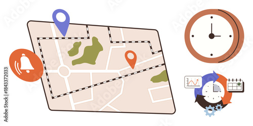 Map with location markers, clock, notification bell, and task planning graphics. Ideal for time management, scheduling, navigation, productivity tracking reminders and workflow. Simple flat