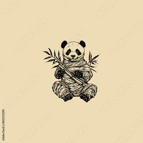 Humorous and edgy illustration of a cute Panda bear wrapped in bandages like a mummy, sitting down and holding bamboo branches
