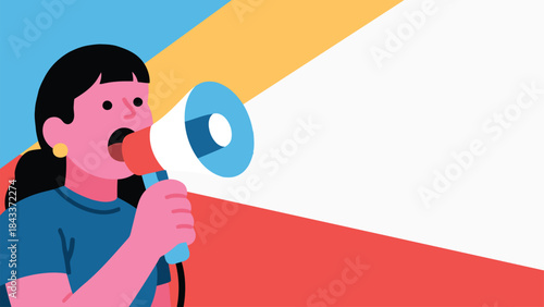 Woman shouting through a megaphone against colorful abstract background with copy space