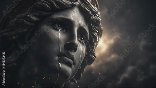 Emotional Black Marble Angel Statue Crying Tears in Dark, Dramatic Sky and Storm
