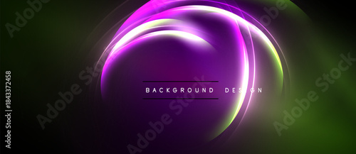 Abstract neon circles overlap, creating vibrant light effects. Dark background emphasizes glowing purple, green hues. Modern design element.