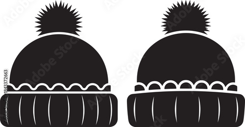 Two winter hats with pom poms silhouette