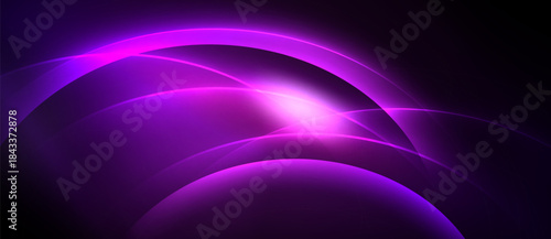 Abstract purple light radiates from center. Curved shapes create dynamic glow, contrasting dark background. Minimalist design, modern aesthetic.