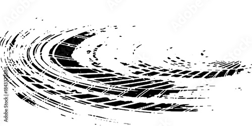 Tire tread marks, wheel textures, tire marks - car racing, motocross, drift, rally, off-road and others. Vector black isolated texture in grunge style with splashes.eps10