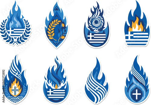 Greek Flame Patriotic Icons of Greece with Fire and Flag Motifs