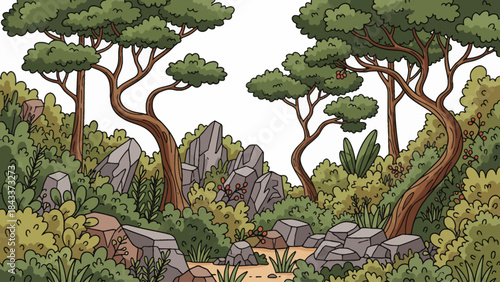Mediterranean forest with mixed shrubs, pine trees, rocky ground, warm light, and dry climate vegetation forming a sunlit southern woodland landscape, empty white isolated sky for banner