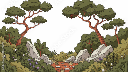 Mediterranean forest with mixed shrubs, pine trees, rocky ground, warm light, and dry climate vegetation forming a sunlit southern woodland landscape, empty white isolated sky for banner