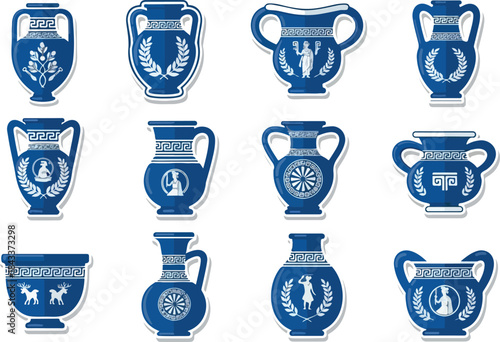 Collection of Stylized Greek Pottery Illustrations in Blue and White