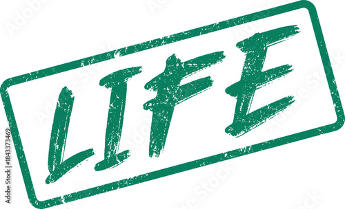 Embossed green LIFE word on a distressed rectangular rubber stamp mark