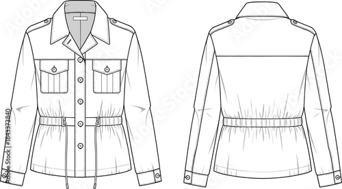 Utility jacket CAD, technical flat illustration, fashion design template, detailed garment sketch, vector apparel drawing, front and back outerwear layout