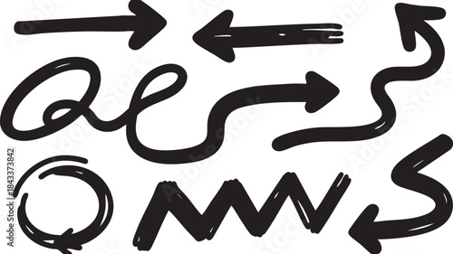 Grunge Hand-Drawn Arrow & Swirl Set: Bold Black Brush Stroke Directional Design Elements