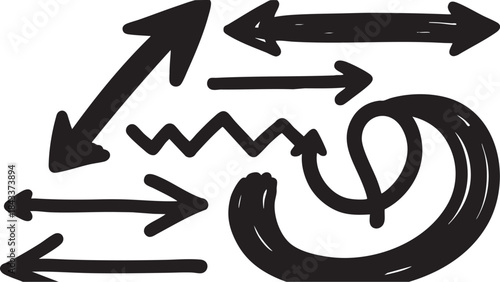 Grunge Hand-Drawn Arrow & Swirl Set: Bold Black Brush Stroke Directional Design Elements