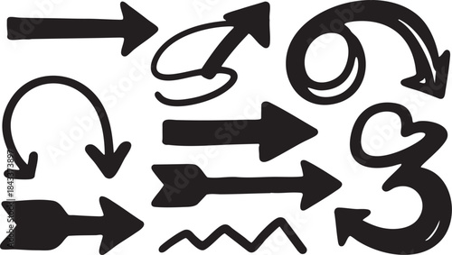 Grunge Hand-Drawn Arrow & Swirl Set: Bold Black Brush Stroke Directional Design Elements