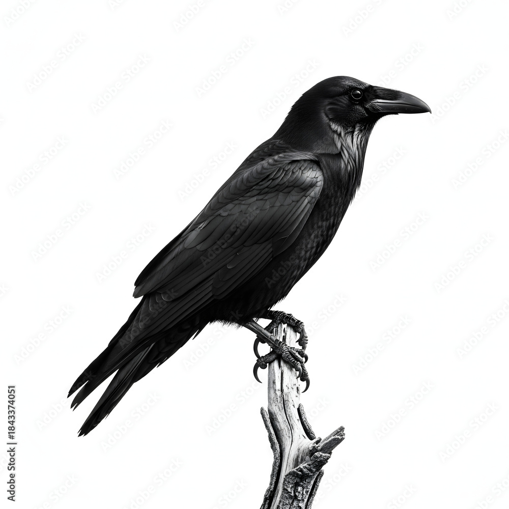 Fototapeta premium Black raven perched on a branch isolated on white background, symbolizing mystery, intelligence, gothic wildlife aesthetics, dark symbolism, nature photography, and powerful bird imagery
