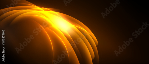 Bright golden light radiates from curved shapes. Dark background emphasizes luminosity, creating dynamic visual impact. Smooth gradients define form.
